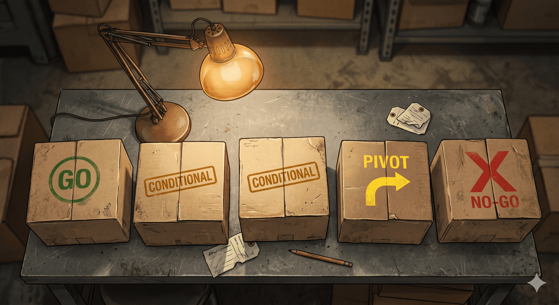 Five products inspected: Go, Conditional, Conditional, Pivot, No-Go